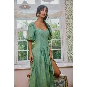Lulus Heavenly Energy Sage Textured Puff Sleeve Pleated Midi Dress Green